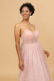 Blush A Line Spaghetti Straps Long Tulle Bridesmaid Dress