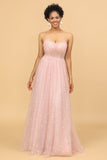 Blush A Line Spaghetti Straps Long Tulle Bridesmaid Dress