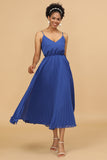 Royal Blue A Line Spaghetti Straps Tea Length Chiffon Bridesmaid Dress