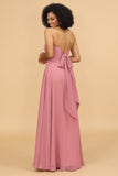 Blush Sweetheart Long Chiffon Bridesmaid Dress with Bowknot