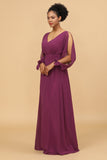 Purple Long Sleeves V-Neck Chiffon Bridesmaid Dress with Bowknot