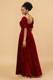 Burgundy Flare Sleeves Velvet Bridesmaid Dress with Slit