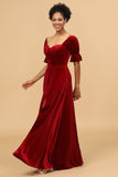 Burgundy Flare Sleeves Velvet Bridesmaid Dress with Slit