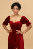 Burgundy Flare Sleeves Velvet Bridesmaid Dress with Slit