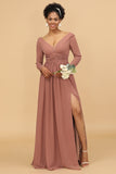 Blush V-Neck Long Sleeves Chiffon Bridesmaid Dress with Slit