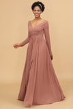 Blush V-Neck Long Sleeves Chiffon Bridesmaid Dress with Slit