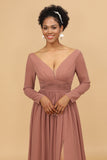 Blush V-Neck Long Sleeves Chiffon Bridesmaid Dress with Slit