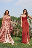 Rust Mermaid Spaghetti Straps Floor-Length Satin Bridesmaid Dress with Split Front