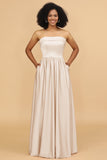 A Line Strapless Satin Floor-Length Bridesmaid Dress with Pockets