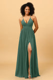 A Line Spaghetti Straps Chiffon Long Bridesmaid Dress with Slit