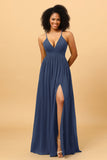 A Line Spaghetti Straps Chiffon Long Bridesmaid Dress with Slit