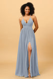 A Line Spaghetti Straps Chiffon Long Bridesmaid Dress with Slit