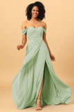 A Line Off the Shoulder Ruched Chiffon Floor-Length Bridesmaid Dress with Slit