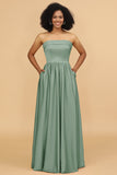 A Line Strapless Satin Floor-Length Bridesmaid Dress with Pockets