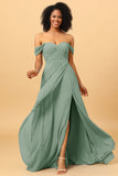 A Line Off the Shoulder Ruched Chiffon Floor-Length Bridesmaid Dress with Slit