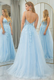 Light Blue A Line Tulle Backless Princess Corset Prom Dress With Appliques