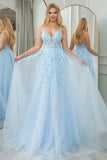 Light Blue A Line Tulle Backless Princess Corset Prom Dress With Appliques