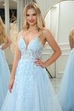 Light Blue A Line Tulle Backless Princess Corset Prom Dress With Appliques