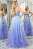 Gradient Blue Glitter A Line Tulle Long Prom Dress With Appliques