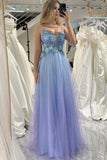 Gradient Blue Glitter A Line Tulle Long Prom Dress With Appliques