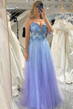 Gradient Blue Glitter A Line Tulle Long Prom Dress With Appliques