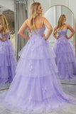 Lilac A Line Appliqued Tiered Princess Corset Prom Dress With Slit