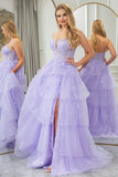 Lilac A Line Appliqued Tiered Princess Corset Prom Dress With Slit