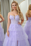 Lilac A Line Appliqued Tiered Princess Corset Prom Dress With Slit