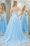 Light Blue A Line One Shoulder Tulle Long Prom Dress With Appliques