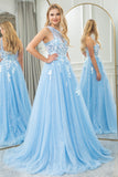 Light Blue A Line One Shoulder Tulle Long Prom Dress With Appliques