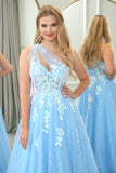 Light Blue A Line One Shoulder Tulle Long Prom Dress With Appliques