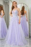 Lilac A Line Tulle Backless Long Prom Dress With Sequined Appliques