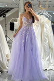 Lilac A Line Tulle Backless Long Prom Dress With Sequined Appliques