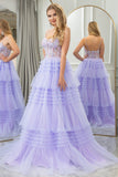 Lilac A Line Tulle Tiered Long Corset Prom Dress With Appliques