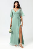 A Line V Neck Long Chiffon Matcha Bridesmaid Dress with Slit