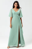 A Line V Neck Long Chiffon Matcha Bridesmaid Dress with Slit