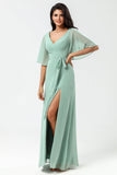 A Line V Neck Long Chiffon Matcha Bridesmaid Dress with Slit