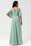 A Line V Neck Long Chiffon Matcha Bridesmaid Dress with Slit