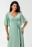 A Line V Neck Long Chiffon Matcha Bridesmaid Dress with Slit