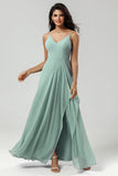 A Line Spaghetti Straps V Neck Floor Length Chiffon Bridesmaid Dress with Slit