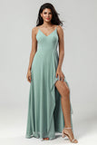 A Line Spaghetti Straps V Neck Floor Length Chiffon Bridesmaid Dress with Slit