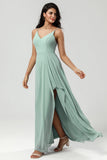 A Line Spaghetti Straps V Neck Floor Length Chiffon Bridesmaid Dress with Slit