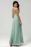 A Line Spaghetti Straps V Neck Floor Length Chiffon Bridesmaid Dress with Slit