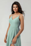 A Line Spaghetti Straps V Neck Floor Length Chiffon Bridesmaid Dress with Slit