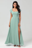 A Line Square Neck Floor-Length Chiffon Bridesmaid Dress with Slit