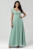 A Line Square Neck Floor-Length Chiffon Bridesmaid Dress with Slit