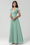 A Line Square Neck Floor-Length Chiffon Bridesmaid Dress with Slit