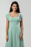 A Line Square Neck Floor-Length Chiffon Bridesmaid Dress with Slit