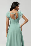 A Line Square Neck Floor-Length Chiffon Bridesmaid Dress with Slit