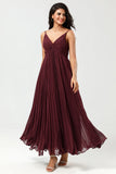 A Line Spaghetti Straps Floor-Length Chiffon Bridesmaid Dress with Ruffles